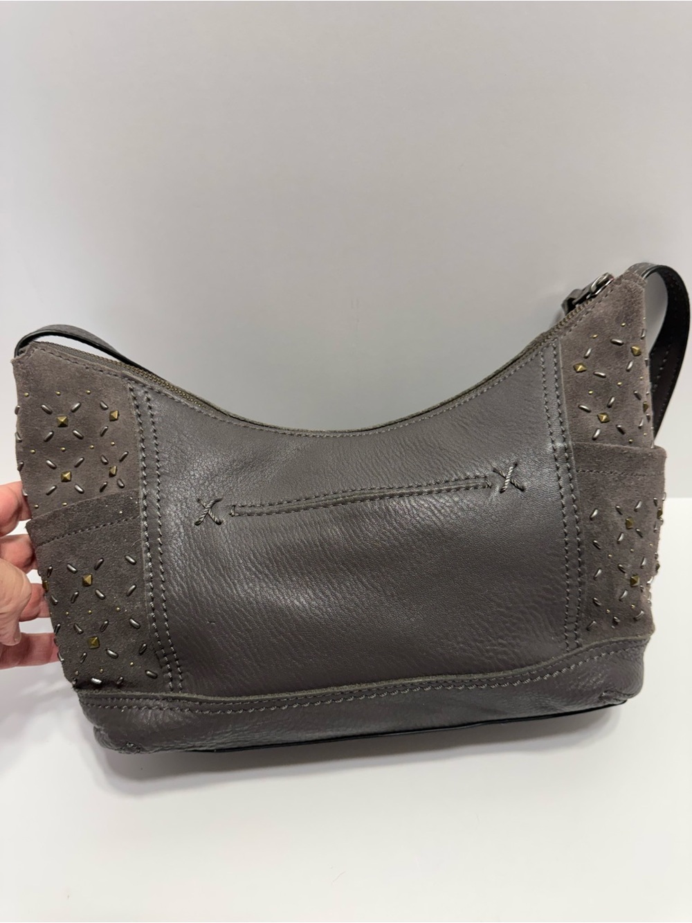 The Sak Gray, Leather, Studded, Hobo Shoulder Bag, Spacious Interior, Beautiful - Picture 5 of 12